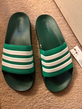 Adidas Green Slides with White Stripes